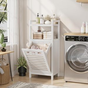 Étagère de rangement inclinable pour salle de bain en bambou avec panier à linge - Product Image 3