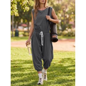Combinaison décontractée sans manches pour femme, taille haute, avec cordon de serrage, coupe ample, pour yoga et entraînement, tenue une pièce en tissu extensible et respirant - Product Image 3