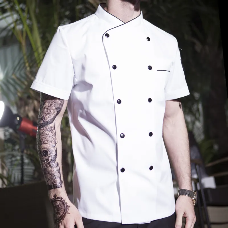 CHECKEDOUT High Quality Short Sleeve Double Breast White Chef Jacket For Men