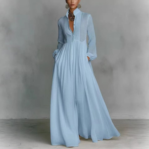 Women Solid Chiffon Woven Washable Pleated Long Sleeve Maxi Dress Cinched Waist <b>Vintage</b> Vacation Dress - Product Image 1