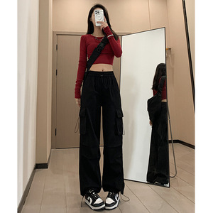 2025 nuovi pantaloni <span class=keywords><strong>Cargo</strong></span> Casual da donna stile americano a vita alta a gamba larga estiva sottile ampia tinta tinta in tinta unita - Product Image 2