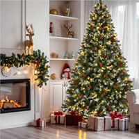 Sapin de Noël artificiel pré-éclairé et pré-décoré de 2,3 m, pin givré, décoration de Noël avec pointes givrées, cônes de pin, baies et support