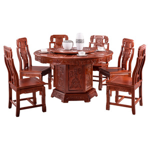 Ensemble table et chaises rondes en bois massif sculpté de style chinois, 8 pièces, avec fonction rotative, pour salle à manger à domicile ou hôtel - Product Image 4