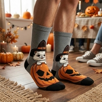 Chaussettes d'Halloween personnalisées à impression numérique, motif citrouille et chat, pour hommes, avec design sportif antidérapant et respirant