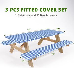 Blue Checkered Outdoor Picnic <b>Table</b> and Bench <b>Cover</b> Set Fitted Waterproof Polyester Tablecloth - Product Image 4