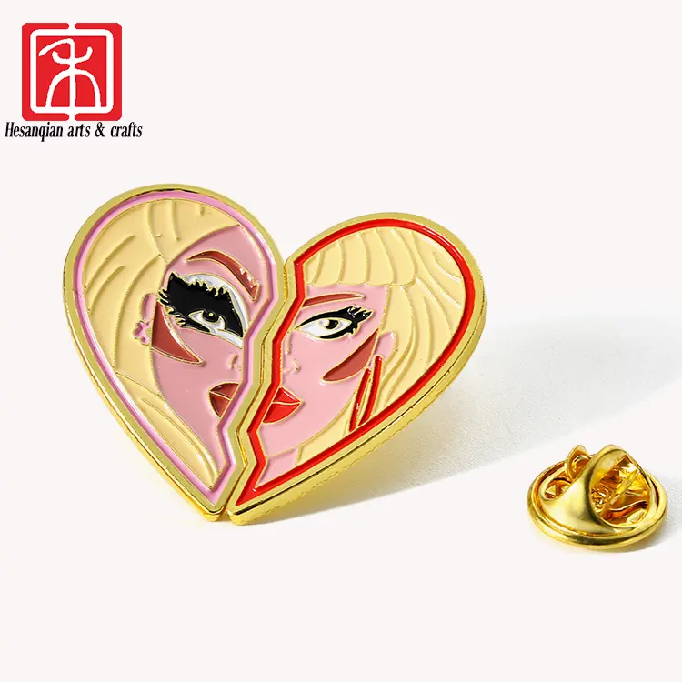 Factory price custom zinc alloy die cast metal split lovers souvenir gold heart logo soft enamel lapel pin