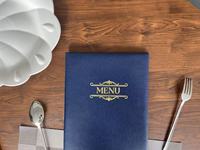 Nouvelle couverture de menu pliable A4 en cuir PU doux au toucher pour restaurant, café et bar, avec logo gaufré or