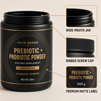 Poudre prébiotique et probiotique en gros 300g, complément synbiotique sans saveur avec emballage personnalisé en pot et en sachet