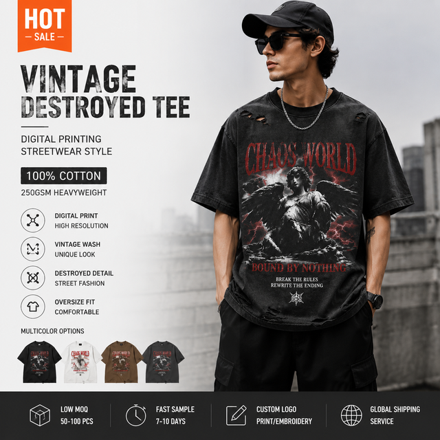 Vintage Distressed Oversized T-Shirt Men Streetwear Digital Print Washed Cotton Custom Graphic Tee Ripped Look Wholesale OEM ODM