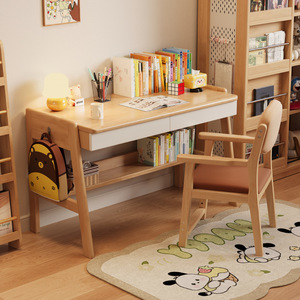 Solid Wood Computer <b>Desk</b> Rubber Wood Nordic Style <b>Study</b> <b>Desk</b> With Storage Shelf For Home Office Bedroom Children's <b>Study</b> Easy - Product Image 2