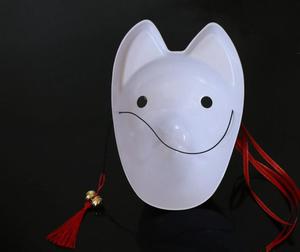 Maschera Integrale <span class=keywords><strong>da</strong></span> Gatto per Cosplay, Decorazione per Festival Estivi Giapponesi, Maschera Dipinta con Nappa e Campanello, Accessori per Cosplay Kabuki, Bianca - Product Image 3