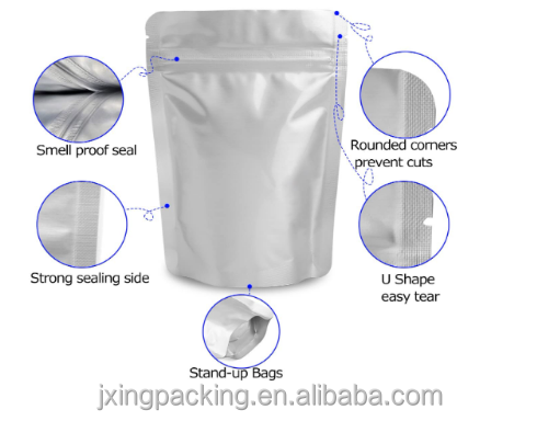 Stand-Up Resealable Heat Seal Bags Frosted Silver Foil Sealed Bags