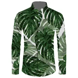 yeni trend tribal erkekler için Suppliers-Marka yeni özel erkekler polinezya Tribal Hawaii gömlek Monstera yaprak baskılar uzun kollu gömlek erkekler ada stil düğmeleri yeşil gömlek