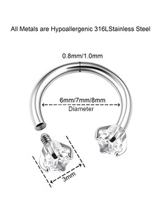 Anello a Ferro di Cavallo con Filettatura Interna in <span class=keywords><strong>Acciaio</strong></span> <span class=keywords><strong>Chirurgico</strong></span> 316L per <span class=keywords><strong>Piercing</strong></span> al Naso, Setto, Labret, Orecchini con Zircone - Product Image 2