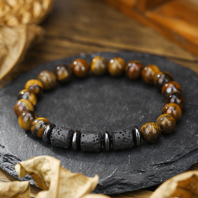New Men Bracelet Natural Tiger Eyes Volcanic Rock Beaded Bracelet Gift for Him Hematite Healing Braslet Pulsera Homme Jewelry