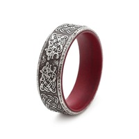 Bague Viking en Acier Inoxydable 316L de 8 mm, Or Antique, Motif Loup Nordique, Nœud Celtique, Bande Intérieure Rouge, Bijoux Nordiques pour Hommes - Vente en Gros