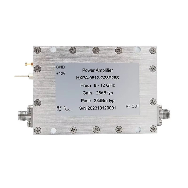 8-12GHz RF Microwave Power Amplifier 28dB Gain 28dBm Output Power Low Noise SMD/SMT 1.9dB Noise Figure Stainless Steel