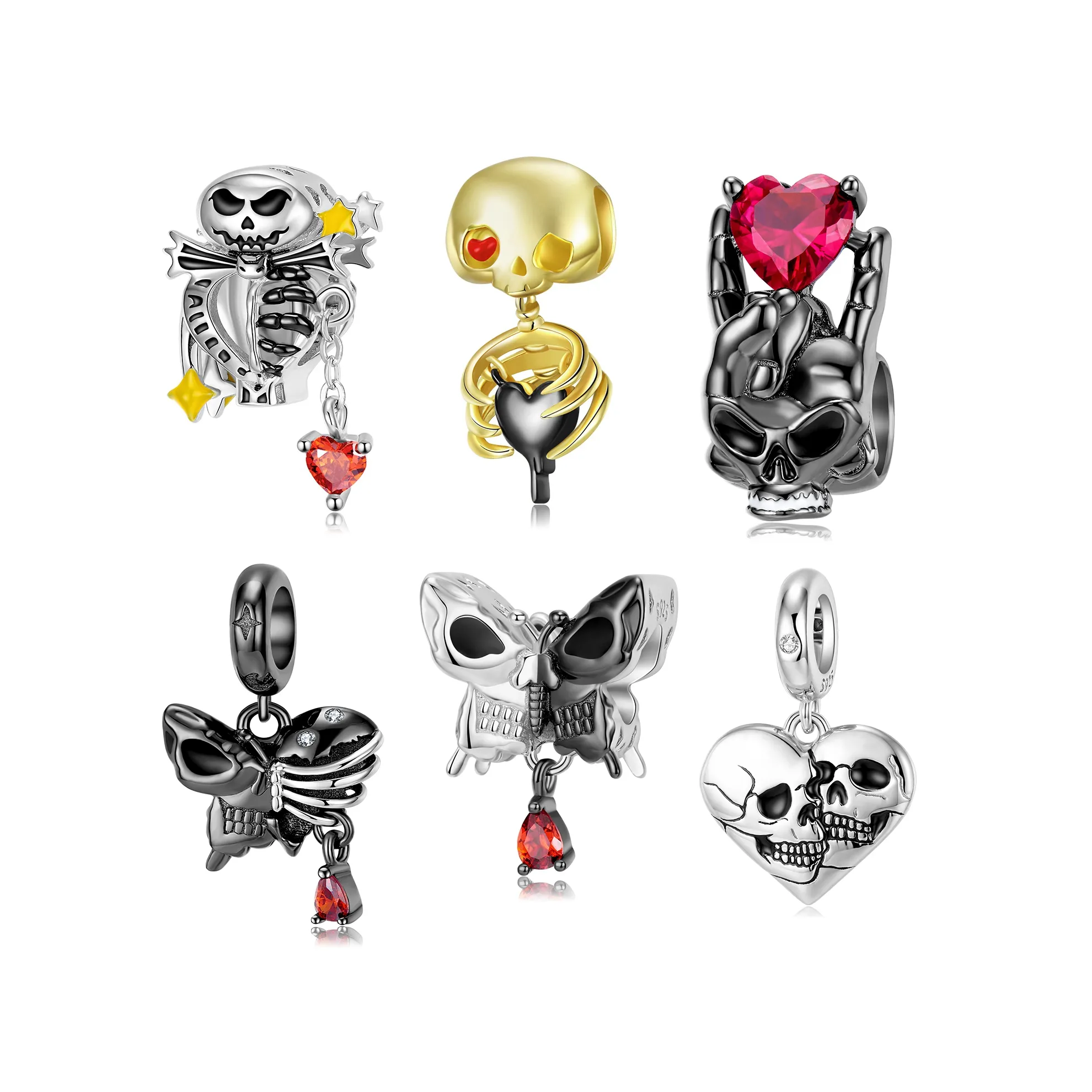 925 Sterling Silver Red Heart Butterfly Skull Black Gold Ghost Haunted Charm for Luxury Brand Female DIY Jewelry