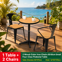 Ensemble bistrot de patio 3 pièces : Table ronde à lattes 60 cm avec piétement à 4 pattes et 2 chaises aspect bois – Vente directe usine en gros – Offre spéciale