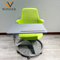 Chaise d'étudiant moderne en plastique de haute qualité pour lycée et université, avec tablette d'écriture et roulettes, idéale pour salle de formation