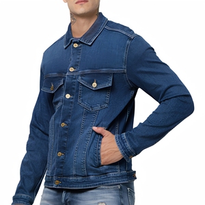 Veste en jean bleu classique personnalisée pour homme, style camionneur, avec boutons, poches à rabat sur la poitrine, poches frontales à passepoil, tenue de travail décontractée, vente en gros, OEM USA - Product Image 1