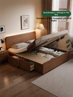 Lit double moderne minimaliste en bois massif avec tiroirs de grande capacité, prise intégrée et éclairage LED, cadre de lit avec rangement SMC092