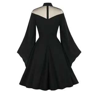 C CLOTHING Gothic Dress Black Flare Sleeve Halloween A Line Retro Dress Autumn Party Dress