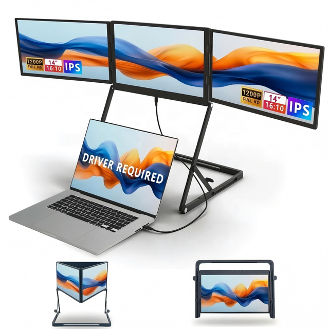 14" Triple Screen Laptop Extender for MacBook Windows, FHD IPS Portable Dual Monitor with Foldable Stand for Business Travel