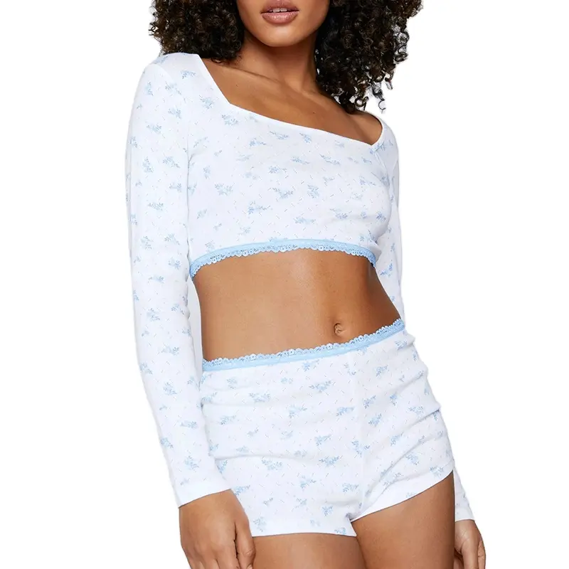 Women's Cute Floral Lace Trim Long Sleeve Crop Top And Shorts Pajama 2-piece Set