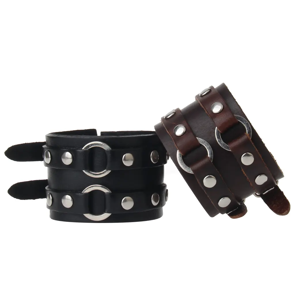 Men's bracelets stainless steel and black leather double-buckle wrist bracelets punk