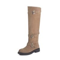 Bottes d'équitation d'hiver en cuir véritable à talon épais, bout rond, hauteur genou