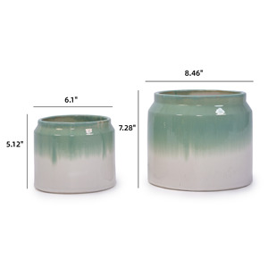 Juego de 2 macetas de cerámica hechas a mano de 8.5 y 6 pulgadas de diámetro con esmalte degradado verde y blanco para uso en interiores y exteriores. - Product Image 4