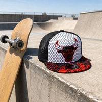 Topi Snapback Gaya Hip Hop Street Style, Bahan Twill, Pinggiran Datar, Bordir Kepala Banteng, Bagian Belakang Berjaring, 7 Lubang, Tali Plastik yang Dapat Disesuaikan