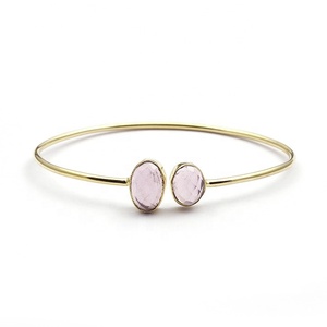 Bracelet en calcédoine bleu ciel bijoux plaqué or bracelet de forme ovale deux pierres précieuses ovales bleues bracelet réglable bijoux cadeau - Product Image 3