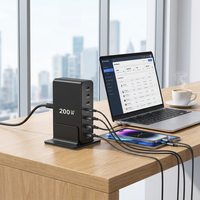 Chargeur de bureau vertical 200W GaN avec base fixe pour la maison, le bureau, le dortoir, station de charge USB C PD 100W max 7 ports