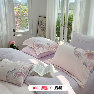 Hongchang Milk Fleece Four-Piece <b>Set</b> Thickened Anti-static Winter Princess <b>Bedding</b> Solid Color Embroidered - Product Image 4