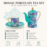 Service à thé en porcelaine, motif mosaïque, théière, tasse, soucoupe, bord doré, coffret cadeau, vente en gros, fournisseur OEM ODM pour hôtels et thés de l'après-midi