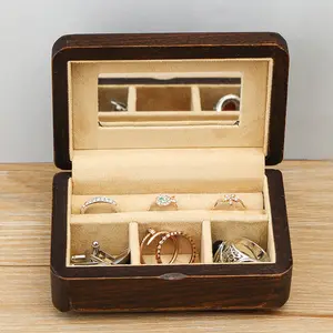 Elm com espelho portátil, caixa de madeira sólida brincos anel acessórios antigos criativos caixa de joias de madeira