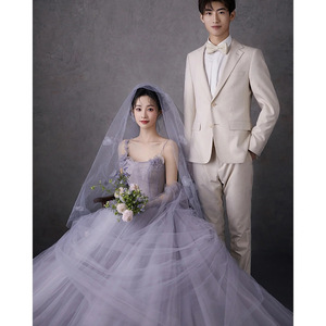 Purple Tulle Ball Gown Wedding Dress Halter Neck Empire Waistline Floral Print For Outdoor Photography - Product Image 3