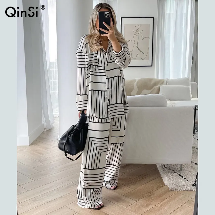 QINSI Fashion Wide Trouser Suits Women Elegant Loose Long Sleeve Blouse Home Two Piece Set Casual Print High Waist Pants Sets