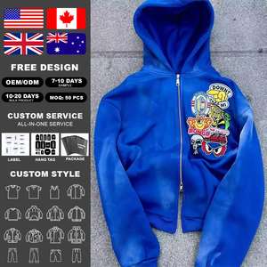 Nouvelle Veste Sweat à Capuche Zippée Style Urbain Personnalisée, Coupe Ample, Patchwork, Broderie, Effet Usé et Délavé à l'Acide - Product Image 2