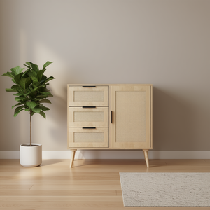 Cómoda Moderna de Madera de Ratán con 3 Cajones y 1 Puerta, Mueble de Almacenamiento para Dormitorio o Sala de Estar - Product Image 2