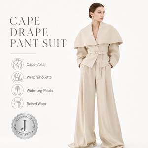 Ensemble <span class=keywords><strong>pantalon</strong></span> drapé crème pour femme, blazer portefeuille avec col cape et taille ceinturée, <span class=keywords><strong>pantalon</strong></span> palazzo à jambes larges, personnalisable OEM/ODM - Product Image 1