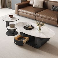 Juego de 2 Mesas de Centro Modernas Ovaladas de Piedra Sinterizada con Cajón de Almacenamiento, Base en Forma de C, Mesa de Centro para Sala de Estar con Mesa Auxiliar Lateral