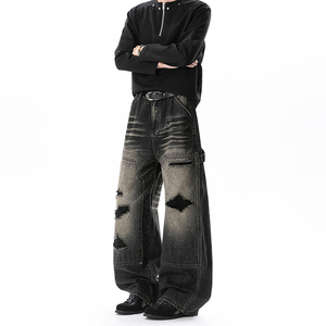 Retro Distressed Lumber <strong>Worker</strong> Style Pants - Street Style with Multiple Pockets High-quality Loose Straight <strong>Jeans</strong> for <strong>Men</strong> Women - Product Image 4