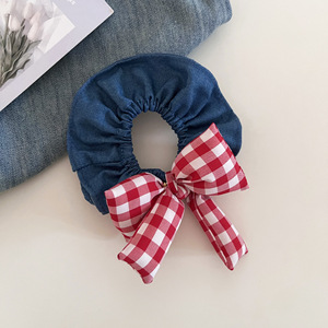 Bandeau en jean à carreaux en coton coréen avec nœud, élastique à cheveux pour queue de cheval pour fille, accessoire capillaire - Product Image 5