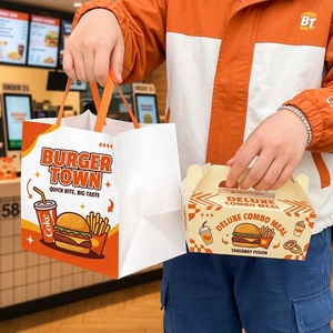 Custom Printed Your Own Logo Restaurant Catering Food Take Out Takeaway Packaging Kraft <b>Paper</b> Bag with Handles - Product Image 2
