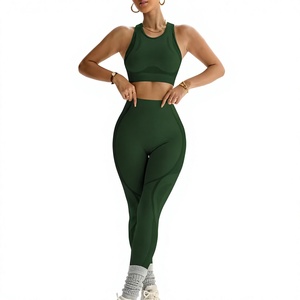 Women's Olive <b>Green</b> 2 Piece Yoga Set Racerback <b>Crop</b> <b>Top</b> Mid Waist Knee Length Seamless Activewear Solid Color Front - Product Image 1