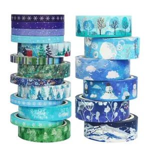 Cool Tone Christmas Winter Fashion Blue Snowflake Decorativo Venta al por mayor Washi Paper Sticker Tape Set