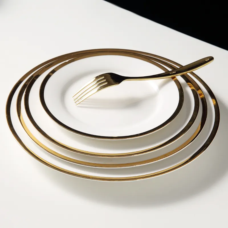 Assiettes en porcelaine multi-tailles avec bordure en or, vaisselle ronde en céramique peu profonde, plusieurs tailles,